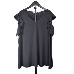 Susan Graver Women's Black Flutter Sleeve Cold-shoulder Top Size 3XL Chic
